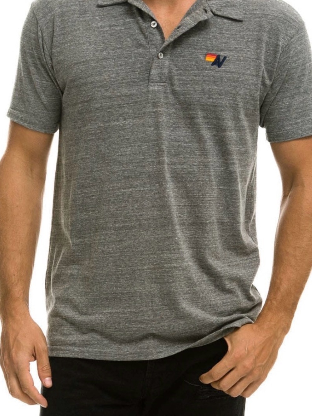 Aviator Nation Grey Heather Polo with Small Multi-Stripe Logo